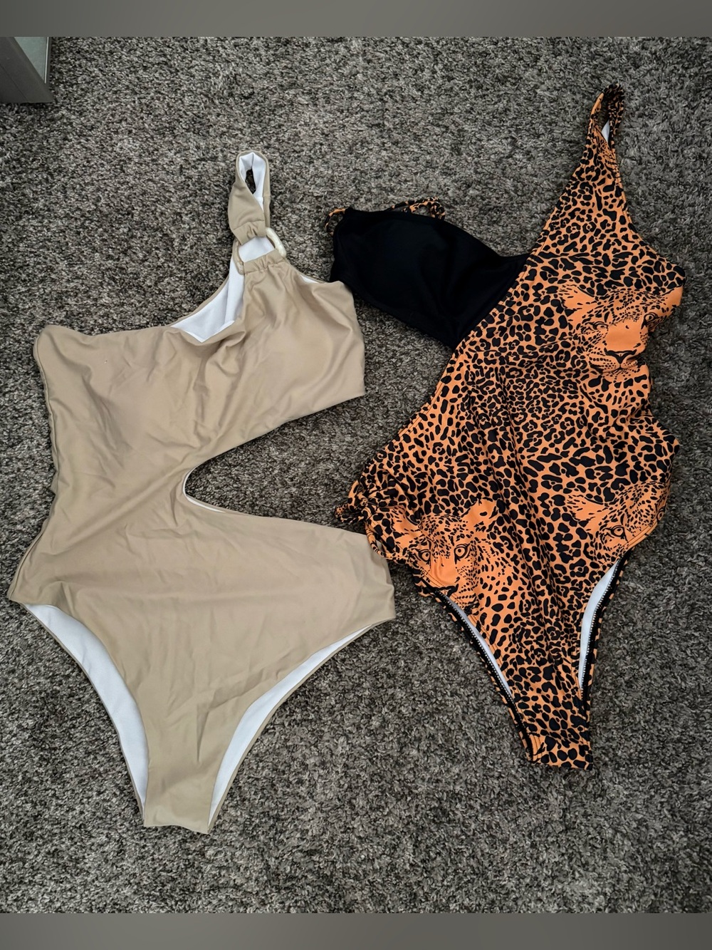 SHEIN Beige One-Shoulder Cutout Swimsuit & SHEIN Orange Leopard One-Piece